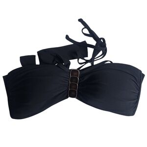 2Bamboo Black Bandeau Bikini Top S/M Ruched Front Beaded Detail Halter Strap NWT